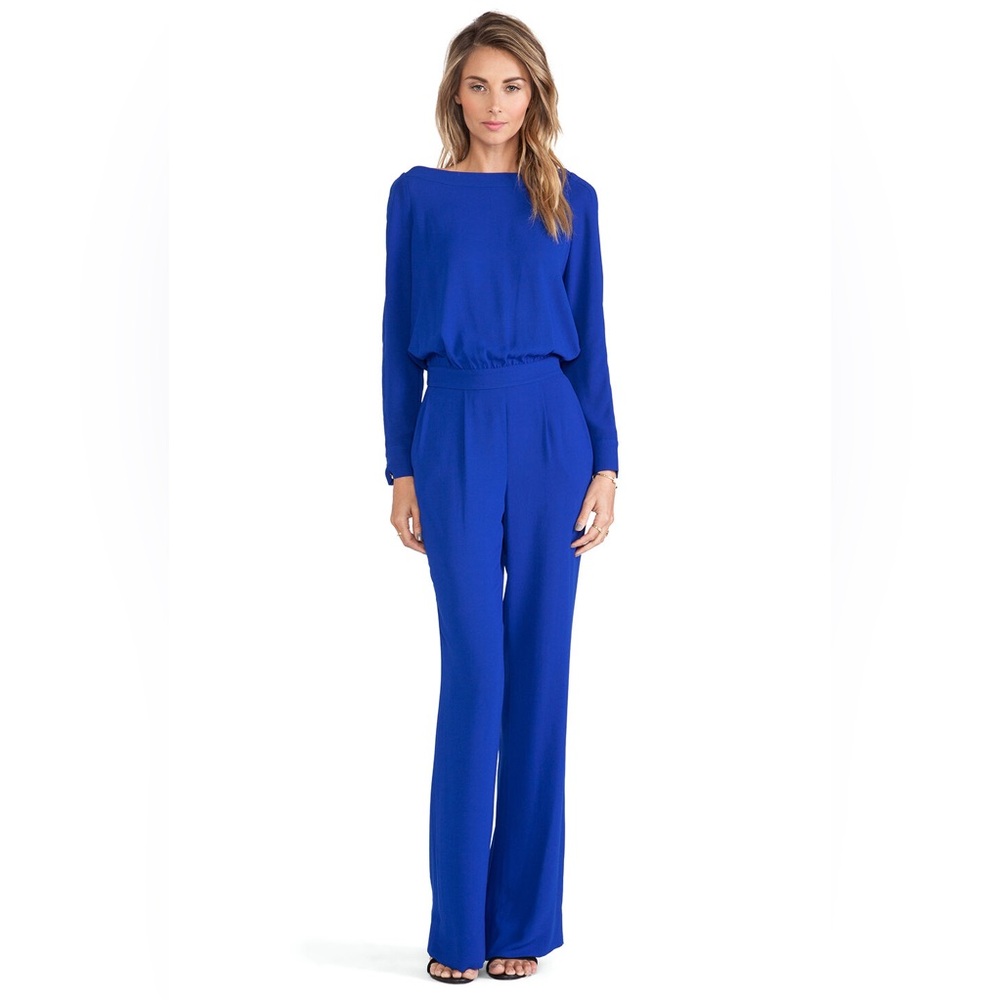 DVF crepe blue long sleeve jumpsuit, size 2